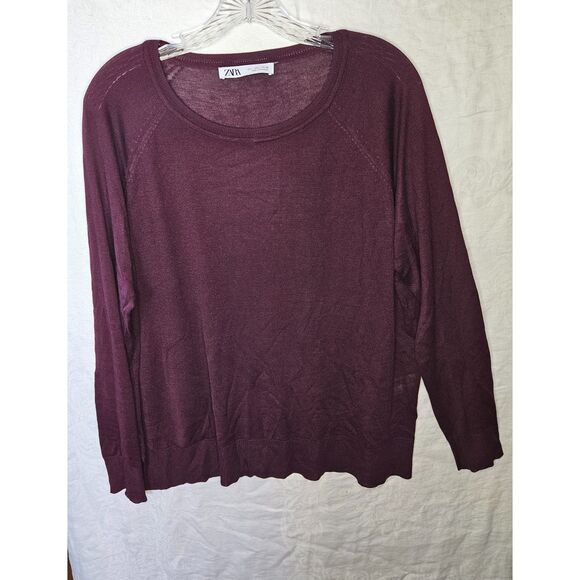 ZARA Crewneck Thin Effortless Sweater Burgundy Wine Size Large - Picture 1 of 4
